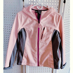 Free Tech Womens Lightweight Zip Up Rain Jacket M Pink Pockets Hooded Casual